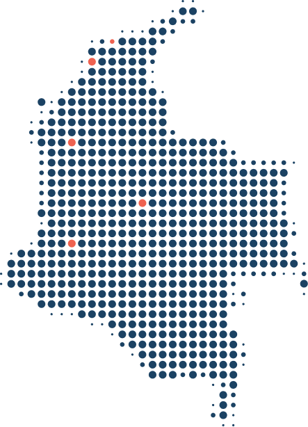 map showing country-wide language service provider coverage in Colombia: Bogotá, Cartagena, Medellín, Barranquilla, and Cali