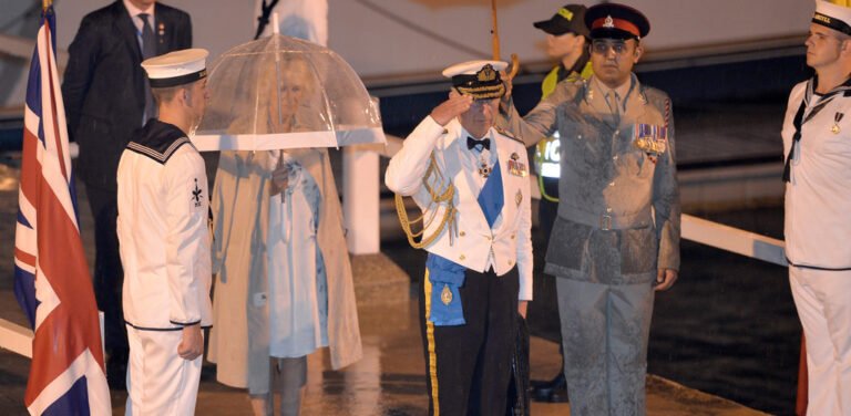 Prince Charles and Camilla board ship in Cartagena and communicate with Colombian dignitaries through a consecutive interpreter