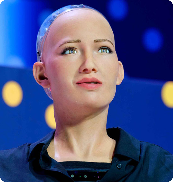 Robot: Sophia the Robot speaks at a multilingual event in Cartagena, Colombia, where there is simultaneous interpretation into Spanish