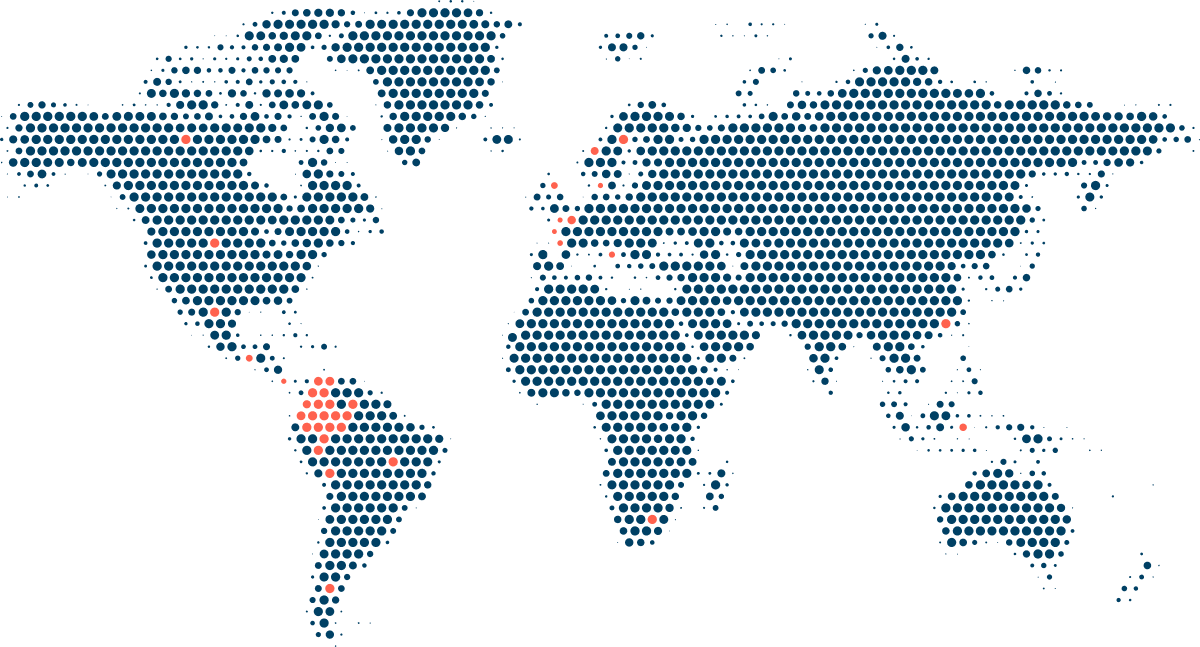 (en todo el mundo): mapa que muestra la cobertura global de interpretingCO, agencia de servicios lingüísticos, para reuniones virtuales multilingües